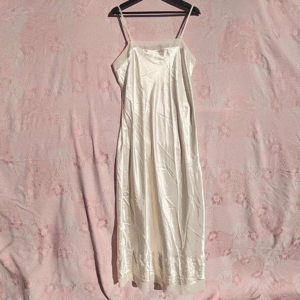 Vintage Ivory Satin Slip Dress M Bias Cut Embroidered Maxi Romantic Coquette